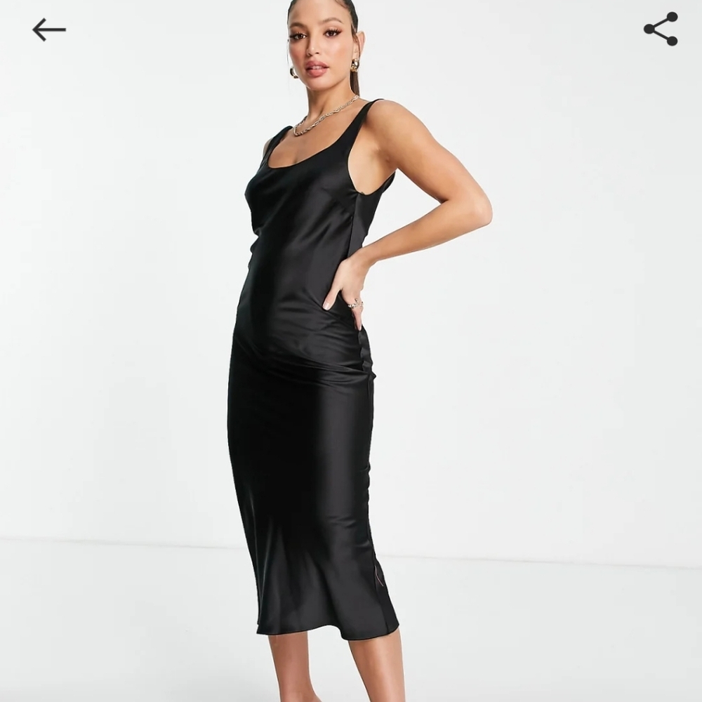 ASOS DESIGN Tall Scoop Neck Midi Satin Slip Dress in Black, 16 Tall